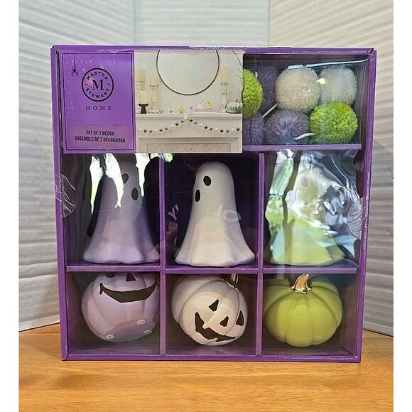 Martha Stewart 7 PC Ghost and Pumpkin Purple Decor Halloween Set PomPom Garland - Picture 1 of 11